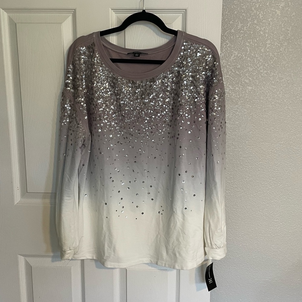 INC International Concepts - Size XL Lavender/White Ombre Sequin Long Sleeve Top